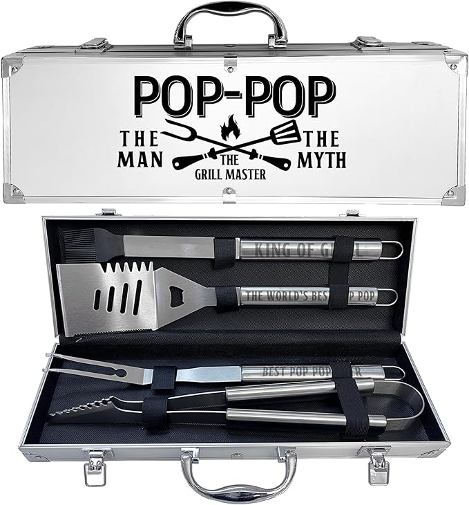 Pop Pop Gifts, Poppop Gifts from Grandkids Fathers Day Heavy Duty Grilling Accessories Kit for Backyard BBQ, Thick Stainless Steel Grill Utensils with Non-Slip Handle Tool Grilling Gift for Man