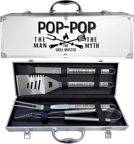 Pop Pop Gifts, Poppop Gifts from Grandkids Fathers Day Heavy Duty Grilling Accessories Kit for Backyard BBQ, Thick Stainless Steel Grill Utensils with Non-Slip Handle Tool Grilling Gift for Man