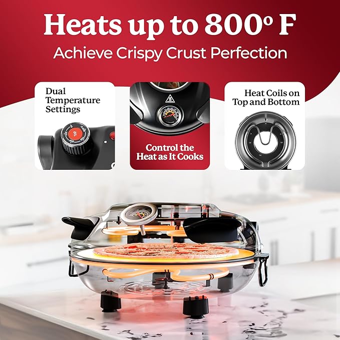 PIEZANO 12 Inch Electric Indoor Pizza Oven Heats up to 800˚F - Pizza Maker with Ceramic Stone for Crispy Crust Pizza, Cooks in Under 6 Minutes, Countertop, Dual Heat Control, Peels & Scraper Included