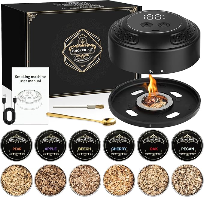 Electric Whiskey Smoker Kit - Rechargeable Cocktail Smoker with Built-in Lighter & Drink Smoker Kit 6 Wood Chips | Old Fashioned Smoker Kit Ideal Gift for Men, Dad, Husband