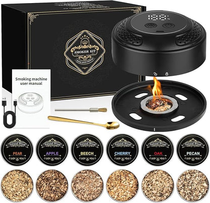 Electric Whiskey Smoker Kit - Rechargeable Cocktail Smoker with Built-in Lighter & Drink Smoker Kit 6 Wood Chips | Old Fashioned Smoker Kit Ideal Gift for Men, Dad, Husband