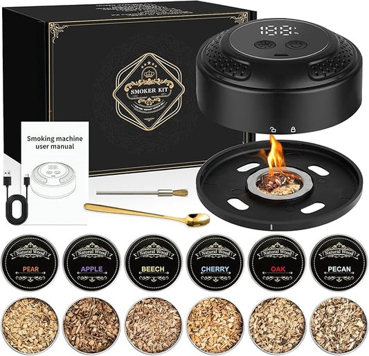 Electric Whiskey Smoker Kit - Rechargeable Cocktail Smoker with Built-in Lighter & Drink Smoker Kit 6 Wood Chips | Old Fashioned Smoker Kit Ideal Gift for Men, Dad, Husband