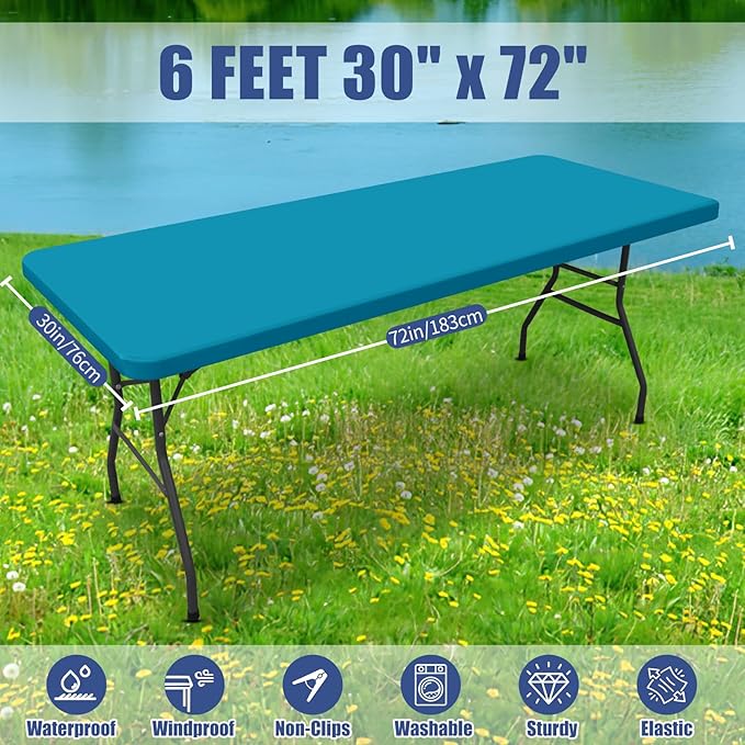 Moosfor 2 Pack Rectangle Spandex Fitted Table Cloth, 6FT Elastic Tablecloth | Washable Picnic Table Cover, Stretch Waterproof Table cloths for Party, Patio, Dining, Kitchen, 30" x 72", Teal