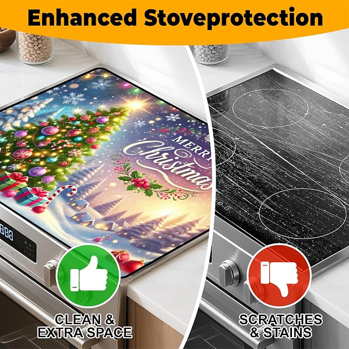 Christmas Stove Top Cover Snowman Stove Top Cover for Home Decoration Kitchen Pad Non-Stick Washable Cooktop Covers Countertop Protector Keep Stove Clean 28"x20" (Tree)