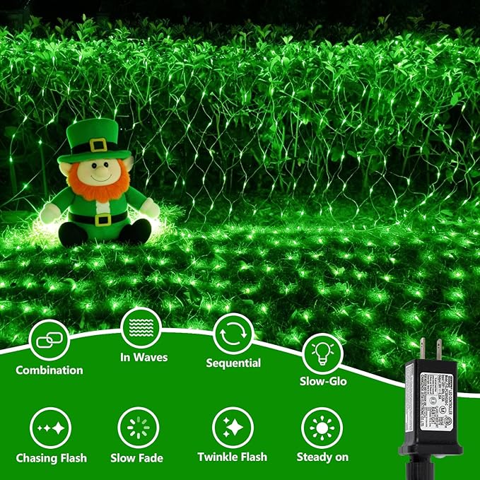 QITONG Green Net Lights Outdoor Mesh Lights, 360 LED 12ft x 5ft Christmas Net Light with 8 Modes, Clear Wire Bush Light Plug in