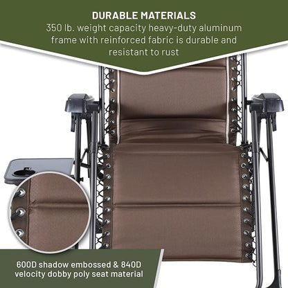 TIMBER RIDGE Zero Gravity Chairs, Folding Recliner Chair Padded with Cup Holder and Headrest, Adjustable Lounge Reclining Chair for Outdoor Camping Lawn Patio Indoor, Supports 350lbs, Brown | Padded Foldable Lounger with Sliding Headrest and Cup Holder...