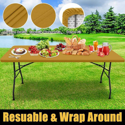 Smiry Rectangle Picnic Table Cloth, Waterproof Elastic Fitted Tablecloths for 8 Foot Tables, Washable Polyester Table Cover for Camping, Indoor and Outdoor (Camel, 30"x96")