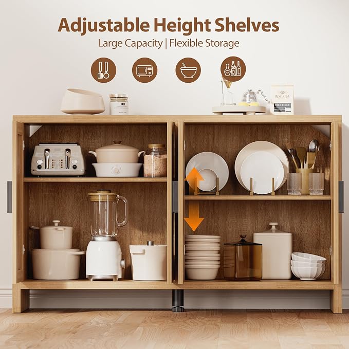 Rattan Buffet Cabinet with Storage, Sideboard Cabinet with Doors and Adjustable Shelves, Farmhouse Coffee Bar Station Table, Modern Wood Cupboard for Kitchen, Livingroom and Dining Room