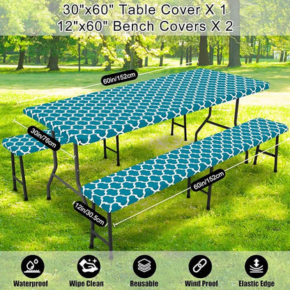 Smiry Picnic Table Cover with Bench Covers, Waterproof Elastic Fitted Tablecloth for 5 Foot Tables, Washable Polyester Tablecloths for Camping, Indoor & Outdoor (Aqua, 30x60 Inch 3-pc Set)