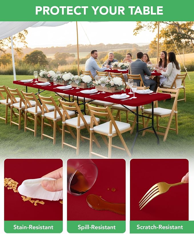 Fitted Tablecloth Rectangle Table Cloths with Elastic, 8 ft, Red, 6 Pack | For Outdoor Picnic Camping Party 8 foot Folding Spandex Table Covers, Water-Resistant, Windproof, Reusable, 96"L x 30"W
