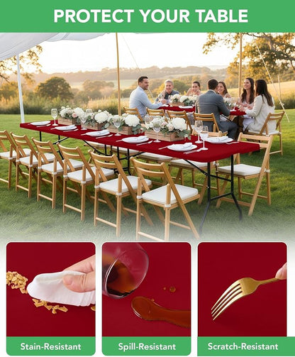 Fitted Tablecloth Rectangle Table Cloths with Elastic, 8 ft, Red, 6 Pack | For Outdoor Picnic Camping Party 8 foot Folding Spandex Table Covers, Water-Resistant, Windproof, Reusable, 96"L x 30"W