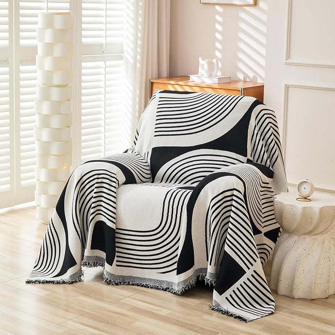 WEYOND Boho Couch Cover, Chenille Sofa Covers Washable, 71" x 91", Black | Bohemian Sofa Slipcover with Tassels for 1 Cushion Couch, Armchair, Chair, 1 Seater