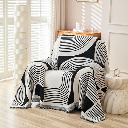 WEYOND Boho Couch Cover, Chenille Sofa Covers Washable, 71" x 91", Black | Bohemian Sofa Slipcover with Tassels for 1 Cushion Couch, Armchair, Chair, 1 Seater