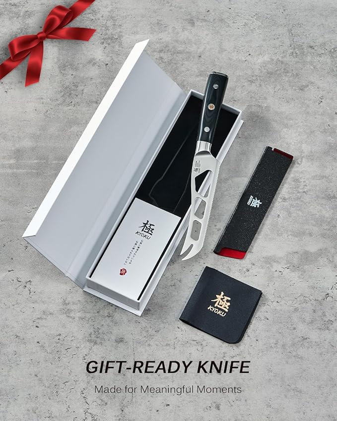 KYOKU 5 in. Serrated Cheese Knife, Samurai Series Cheese Slicer with Hollow Blade Pakkawood Handle, German 1.4116 Stainless Steel Full Tang Knife for Hard Cheese with Protective Sheath & Gift Box