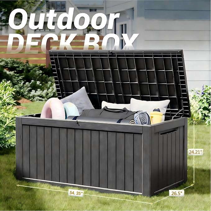 150 Gallon Outdoor Storage Box, Resin Deck Boxes Outdoor Waterproof For Patio Furniture, Garden Tools, Pool Supplies, Lockable And UV Resistant (Striped Black)