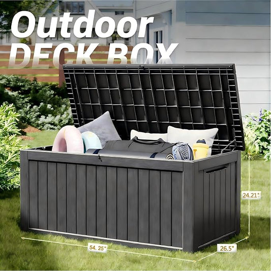 150 Gallon Outdoor Storage Box, Resin Deck Boxes Outdoor Waterproof For Patio Furniture, Garden Tools, Pool Supplies, Lockable And UV Resistant (Striped Black)