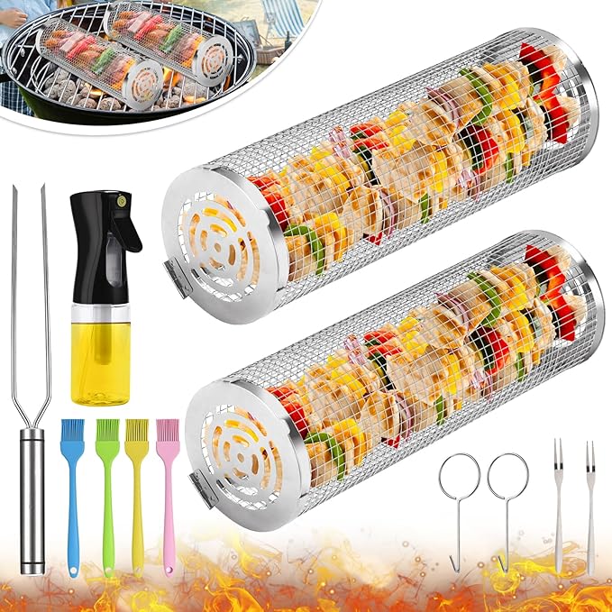 Grill Basket, Stainless Steel Rolling Grill Basket Mesh for Fish, Shrimp, Meat, Vegetables, Fries - Portable Barbeque Accessories for Outdoor Grilling