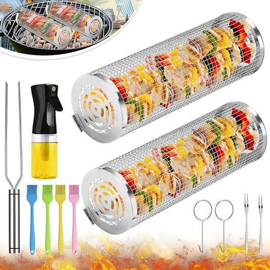 Grill Basket, Stainless Steel Rolling Grill Basket Mesh for Fish, Shrimp, Meat, Vegetables, Fries - Portable Barbeque Accessories for Outdoor Grilling