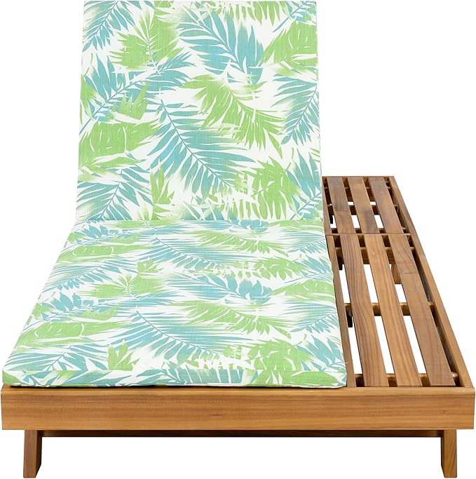Christopher Knight Home Kayes Acacia Wood Chaise Lounge with 2'' Cushion, Outdoor 79'' Patio Recliner Chair with 4-Position Adjustable Backrest, Sun Lounger for Poolside Backyard, Teak+Green Leaf