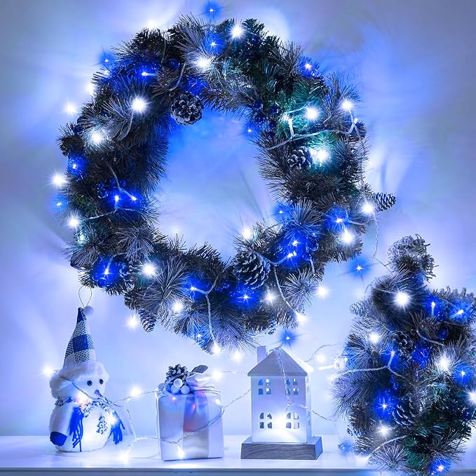 82FT 250 LED Outdoor String Lights, Blue and White Christmas Lights Indoor | Plug in Waterproof 8 Modes Clear Wire String Twinkle Lights for Bedroom Outside Patio Yard Xmas Party Holiday Decorations