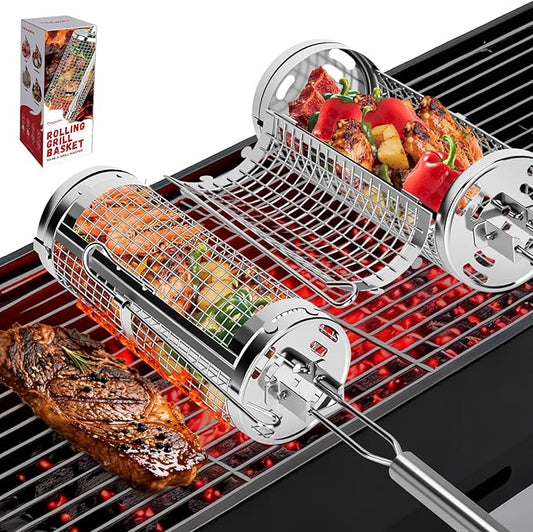 Chenovate® Heavy Duty Rolling Grill Baskets with Side-opening and Removable Handle,Grill Accessories for Veggies Shrimp Meat,Food-grade Stainless Steel,Kitchen Gadgets Fits Outdoor Cooking & Picnics,Camping Essentials,Ideal Gifts for Father's Day,Festi...