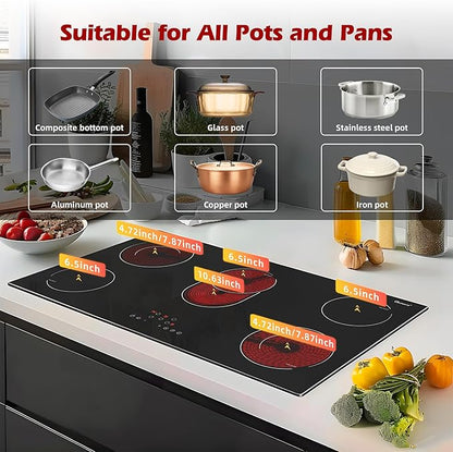 Electric Cooktop 36 Inch 5 Burners,220~240V,Built in Electric Stove Top,8400W Radiant Ceramic Cooktop with Hardwired,Touch Control,Child Lock,Dual-Ring Heating,Expandable Zones