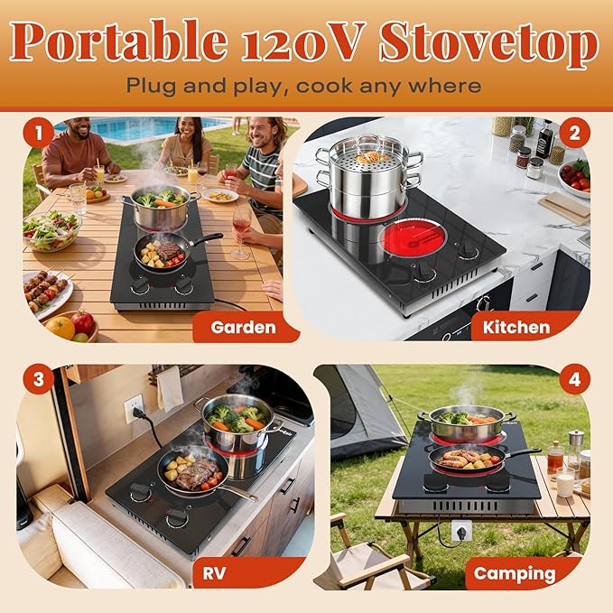 2 Burner Electric Cooktop - 110v Countertop and Built-in Electric Stove 2000W, 12 Inch Ceramic Stove with Residual Heat Indicator, Over-Temperature Protection, Knob Control, 110-120V Plug in