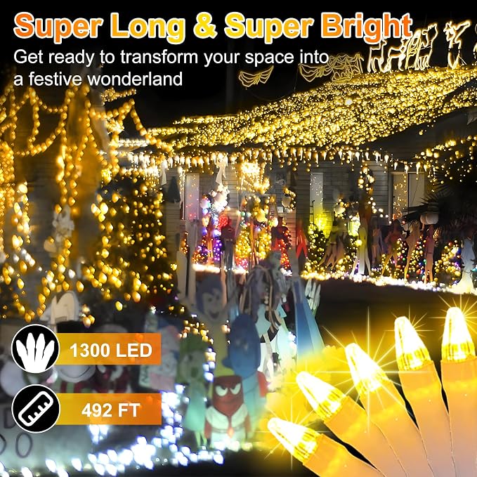 492FT Outdoor Christmas Lights, 1300 LED Super Long String Lights 8 Lighting Modes & Timer Memory, Outsite Waterproof Light Strings for House Tree Garden Wedding Party Holiday Decorations Warm White