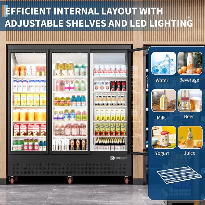 52.9 Cu.Ft Commercial Display Refrigerator,Glass Door Beverage Cooler with Adjustable Shelves,LED Lighting & Advertising Panel, Mobile Design,