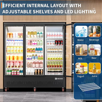52.9 Cu.Ft Commercial Display Refrigerator,Glass Door Beverage Cooler with Adjustable Shelves,LED Lighting & Advertising Panel, Mobile Design,