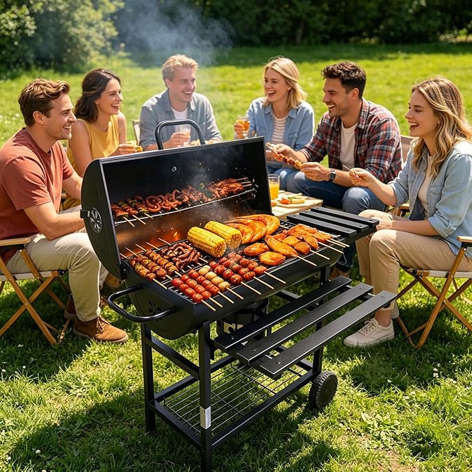 Charcoal Grill Barrel style BBQ Charcoal Grill Premium Spacious Outdoor BBQ Grill with Side Table,Smoker,Braised Roast,Picnic Grill for Backyard,Patio,Parties,Tailgating