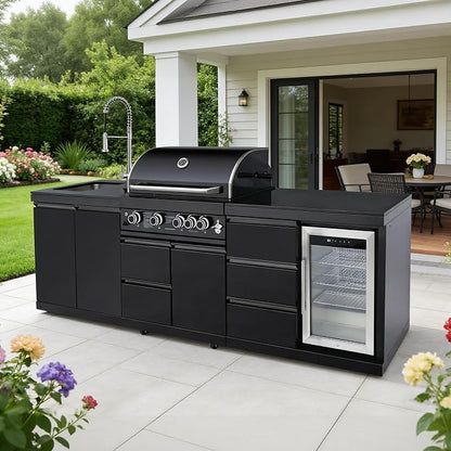 102.4 Inch Outdoor Kitchen Island | 4 Burner Propane Gas BBQ Grill with Sink and Refrigerator, 59500 BTU 304 Stainless Steel, Black (Black, 102.4"')