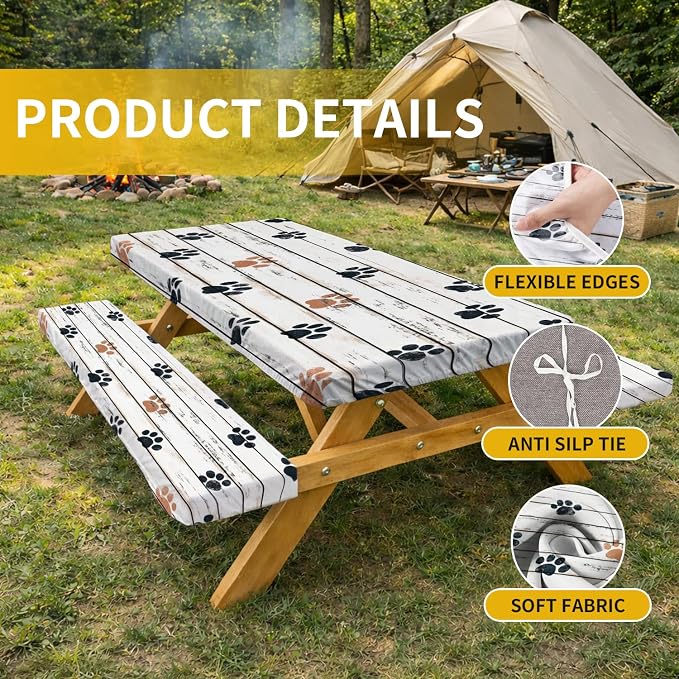Picnic Table Cover with Bench Covers, 72 X 30 Inch Elastic Fitted Camping Tablecloth with Strap Design for 6FT Rectangle Tables, Windproof Outdoor Tablecloth Set with Storage Bag