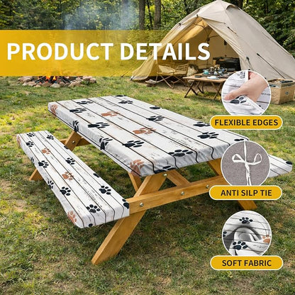 Picnic Table Cover with Bench Covers, 72 X 30 Inch Elastic Fitted Camping Tablecloth with Strap Design for 6FT Rectangle Tables, Windproof Outdoor Tablecloth Set with Storage Bag