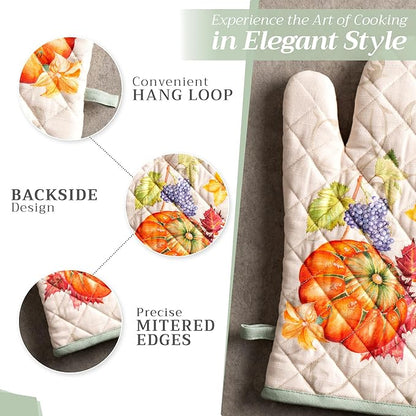 Maison d' Hermine Oven Gloves 100% Cotton Oven Mitt 7" x 13" with Loop Heat Resistant BBQ Cooking Gloves for Thanksgiving Christmas Decorations Baking Handling Hot Pans (Pack of 1, Lumina)