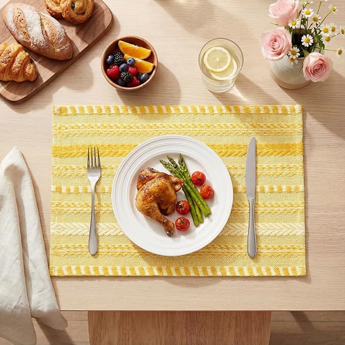 Artoid Mode Yellow Farmhouse Woven Braided Stripe Placemats Set of 4,12x18 Inch Seasonal Holiday Table Mats Party Kitchen Dining Decoration