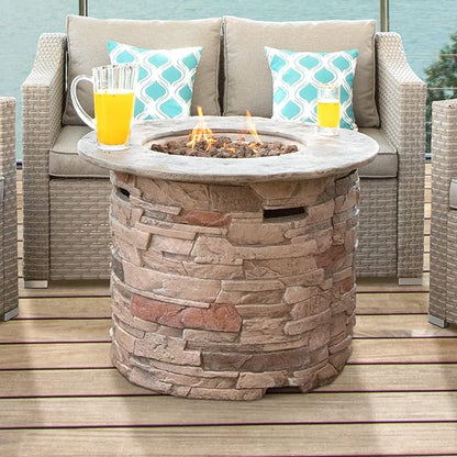 SUNBURY Outdoor Fire Pit Propane Round Fire Pit Table Fire Column, Stonecrest 40,000 BTU Gas Fire Pits for Outside w Lava Rocks, Waterproof Cover, CSA Certified