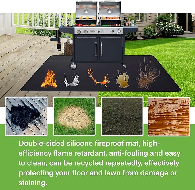 60 x 40 inch Under Grill Mats for Outdoor Grill,Double-Sided Fireproof Deck & Patio Protector, Waterproof & Oil-Proof BBQ Mat for Indoor Fire Pit/Fireplace, Lawn - Heavy-Duty Black Grill Pad