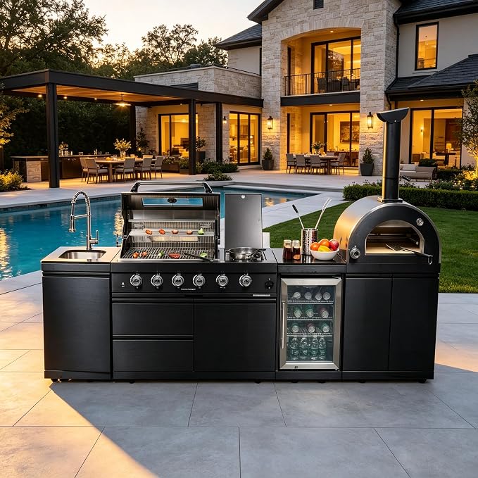 112" Outdoor Kitchen Island,Propane BBQ Grill with Pizza Oven,108000 BTU. | Stainless Steel Grill with Side Burner,Rotisserie,Refrigerator,Granite Countertop,Sink & Storage Cabinets.Sleek Black Finish.