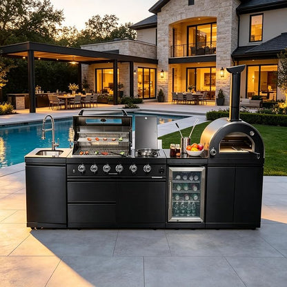 112" Outdoor Kitchen Island,Propane BBQ Grill with Pizza Oven,108000 BTU. | Stainless Steel Grill with Side Burner,Rotisserie,Refrigerator,Granite Countertop,Sink & Storage Cabinets.Sleek Black Finish.