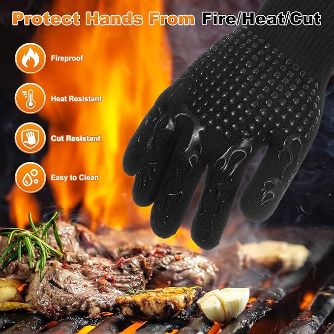 M METERXITY 1-Pair BBQ Gloves, 1472°F Heat Resistant Non-Slip Grilling Oven Gloves for Barbecue/Baking/Cooking, with Storage Bag [Flame Pattern L, Black]