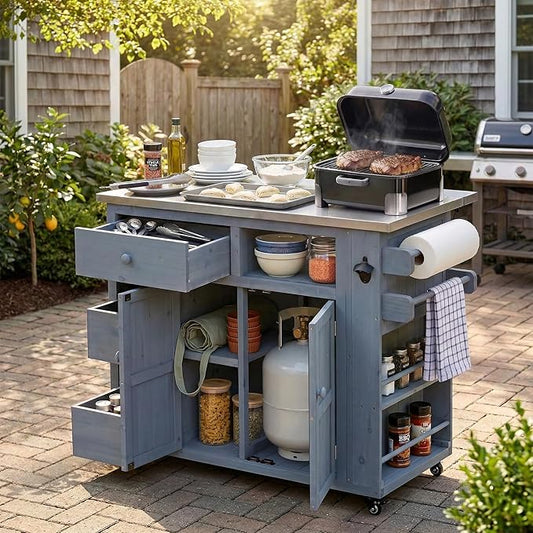 Outdoor Kitchen Island with Stainless Steel Top, Extendable Solid Wood Grill Cart on Wheels, Mobile BBQ Prep Table with Storage Cabinet and Spice Rack for Patio Backyard,
