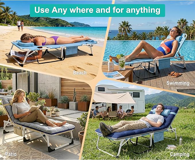 ABORON 4-in-1 Lounge Chair with Face & Arm Holes for Tanning, 440LB Heavy-Duty Folding Recliner with Plush Cotton Cushion, No Assembly Tri-Fold Guest Bed for Sunbathing, Poolside, Office Nap & Camping
