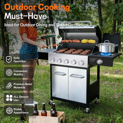 Veralune 5 Burner Gas Grill with Side Burner, Stainless Steel Propane Grill with Porcelain-Enameled Grills, Built-In Thermometer, 68000BTU BBQ Grill for Patio, Backyard, Garden Cooking