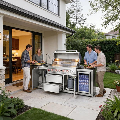83" All-in-One Outdoor Kitchen Island,7 Burner Modular Kitchen with Grill Station Cabinetry,304 Stainless Black Granite, Sink, Fridge, BBQ Set for Patios & Backyards (Stainless, 83 IN-Fridge)