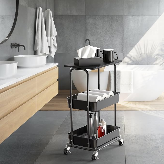 Simple Houseware 2-Tier Rolling Utility Cart Wood Top/Lockable Wheel, Black | Metal Storage Organizer Trolley for Kitchen, Bathroom, Office, Craft Room