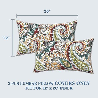 LVTXIII 2 Pack Outdoor Lumbar Pillow Covers 12x20 Inch with Piping, Water-Repellent Back Cushion Covers ONLY for Patio Furniture, Sofa, Garden Bench, Vibrant Paisley