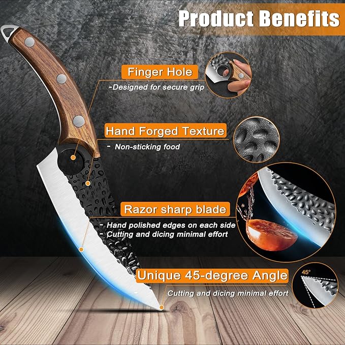 ZENG 7" Chef Knife, Hand Forged Butcher Knives with Sheath, High Carbon Steel Japanese Knife Meat Cleaver Knife for Kitchen Meat Cutting, Viking Style Knives for Camping, Hunting, BBQ, Gifts for Men