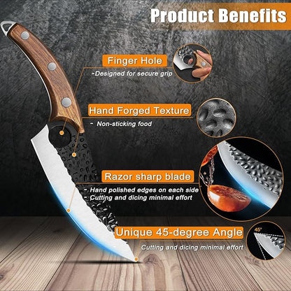 ZENG 7" Chef Knife, Hand Forged Butcher Knives with Sheath, High Carbon Steel Japanese Knife Meat Cleaver Knife for Kitchen Meat Cutting, Viking Style Knives for Camping, Hunting, BBQ, Gifts for Men
