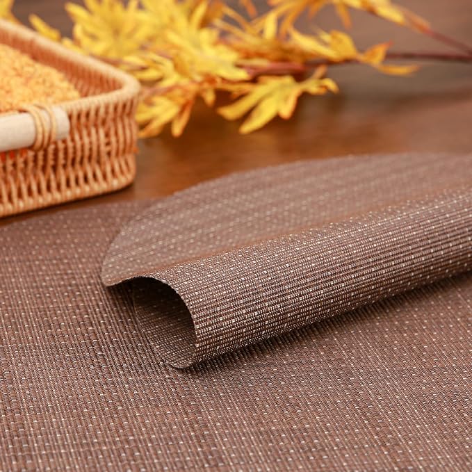 Round Placemats Set of 8 Heat Resistant Vinyl Placemats 15 inch Washable Non-Slip Table Mats Woven Place Mats for Dining Table (Coffee, Set of 8)